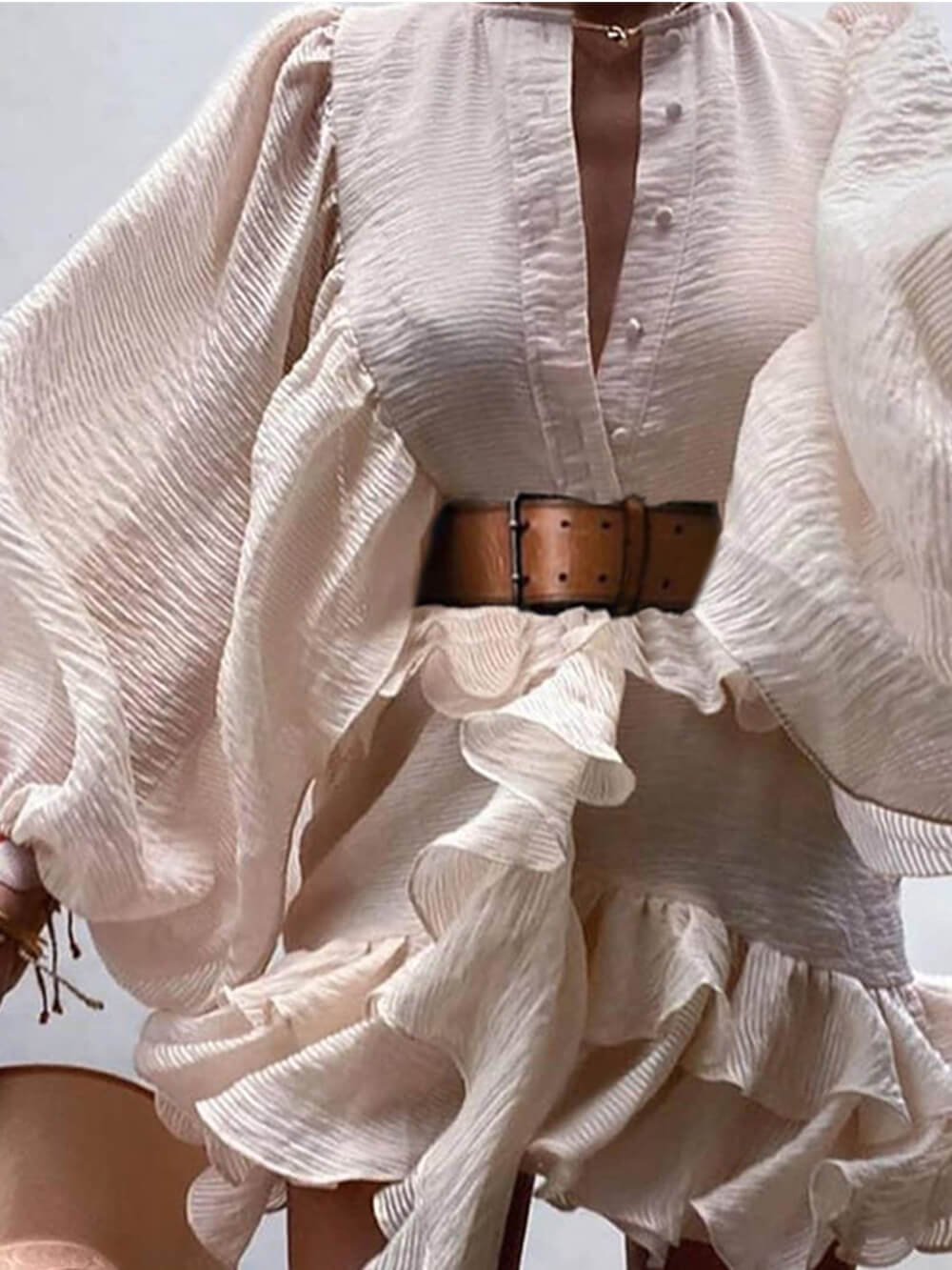 French Long Sleeve Chiffon Wrinkled Skirt