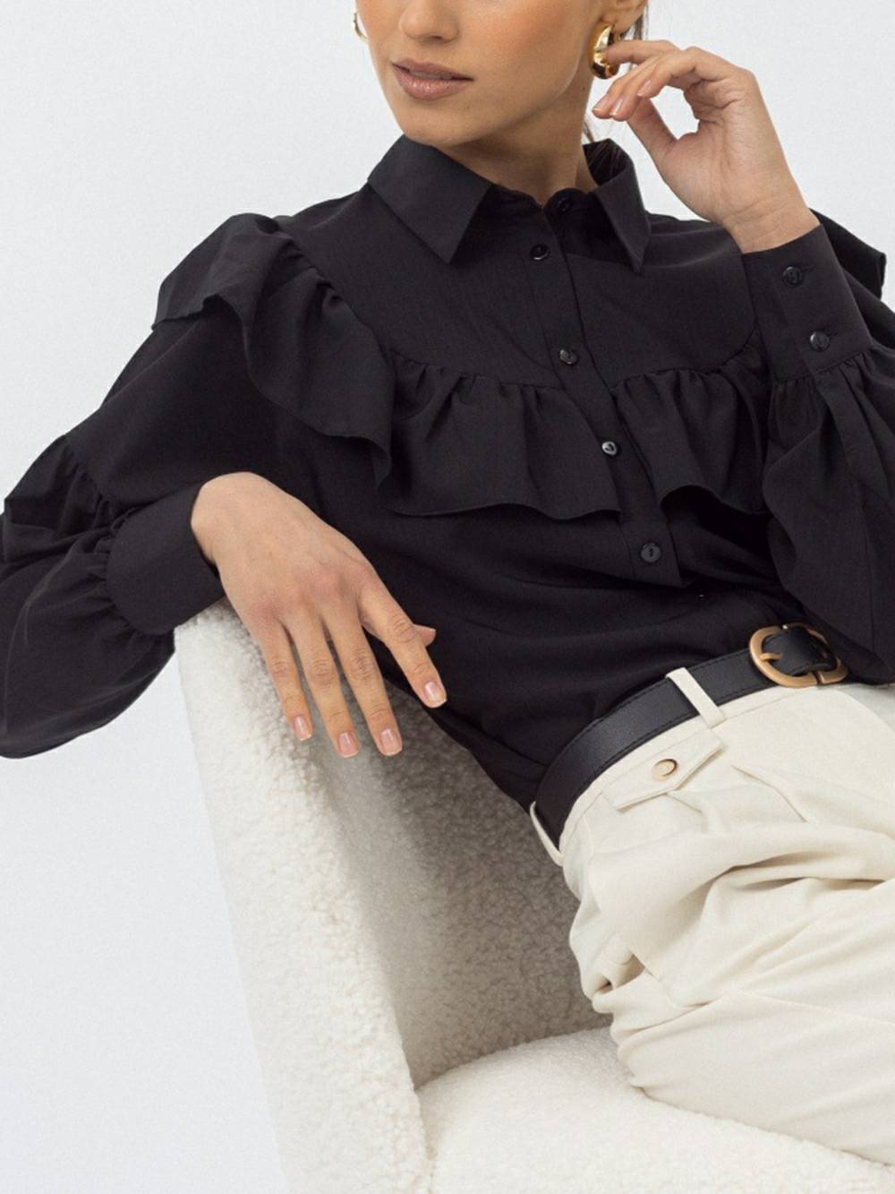 Ruffled Women Shirt Solid Slim Office Lady Frill Shirt