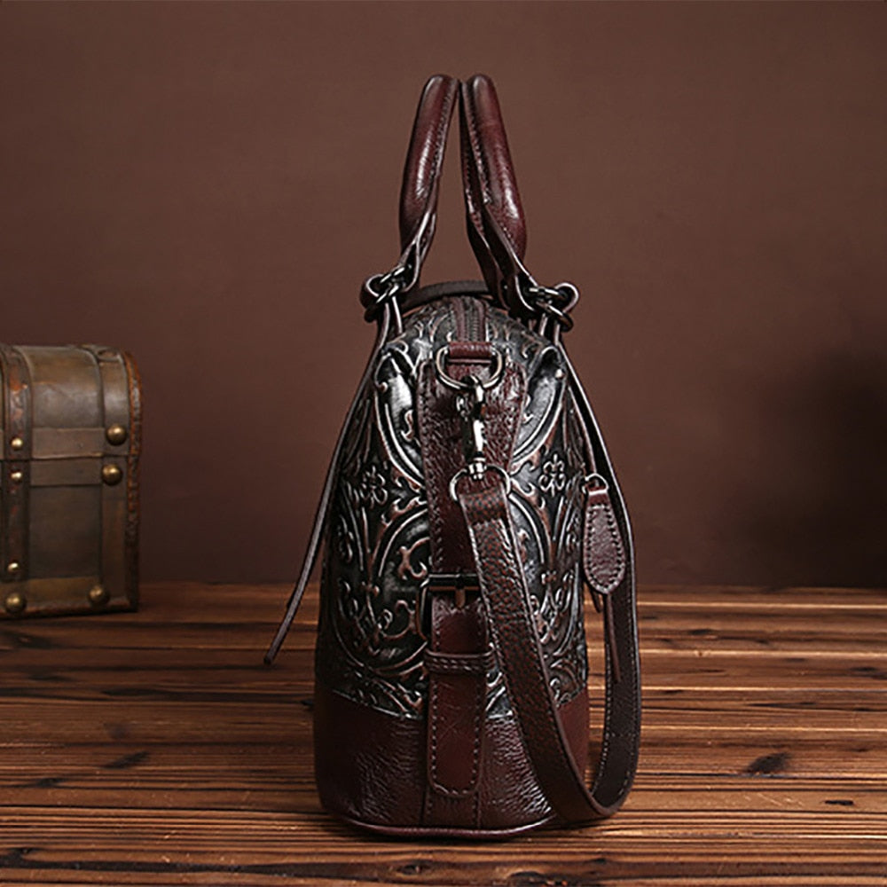 Vintage Genuine Leather Floral Handbang