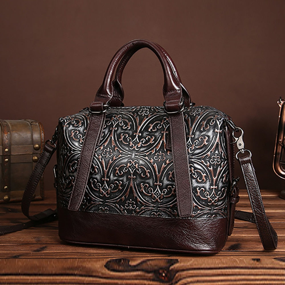 Vintage Genuine Leather Floral Handbang