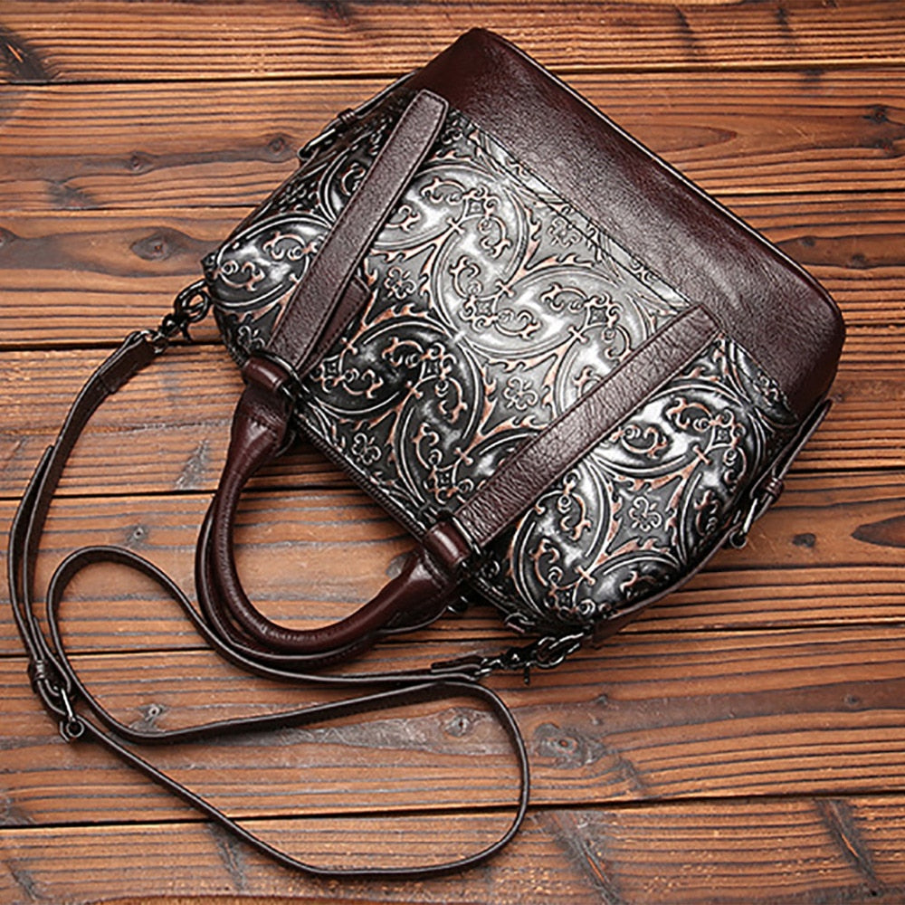 Vintage Genuine Leather Floral Handbang