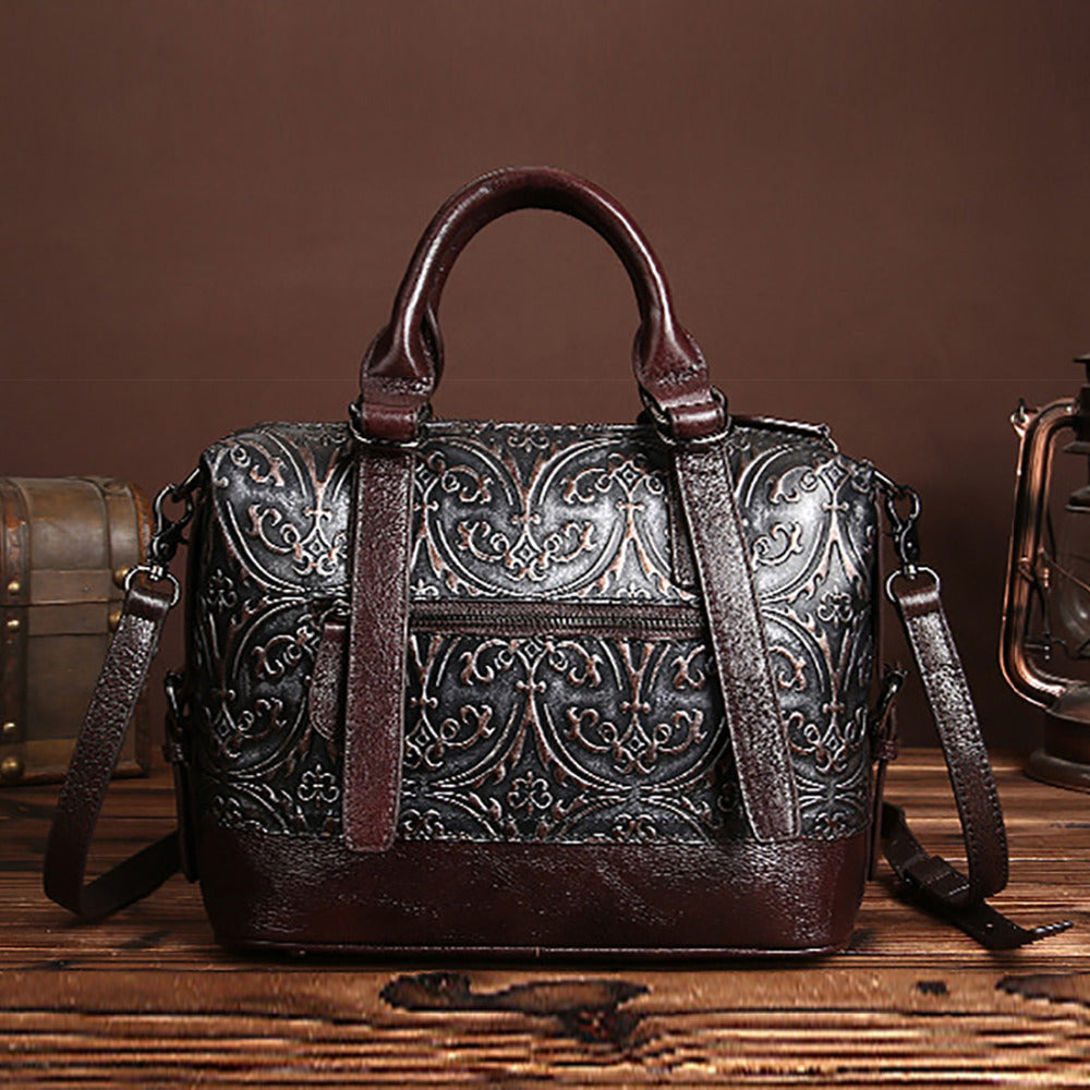 Vintage Genuine Leather Floral Handbang