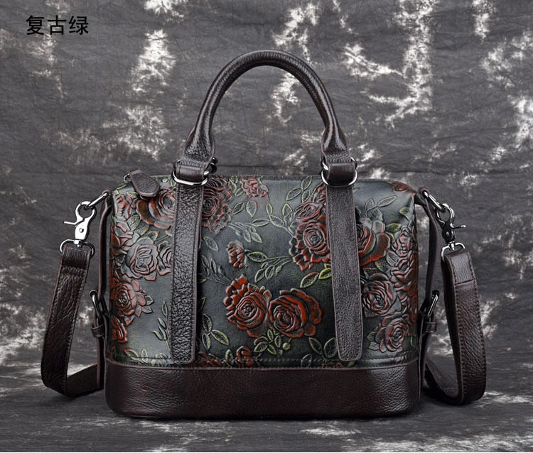 Vintage Genuine Leather Floral Handbang