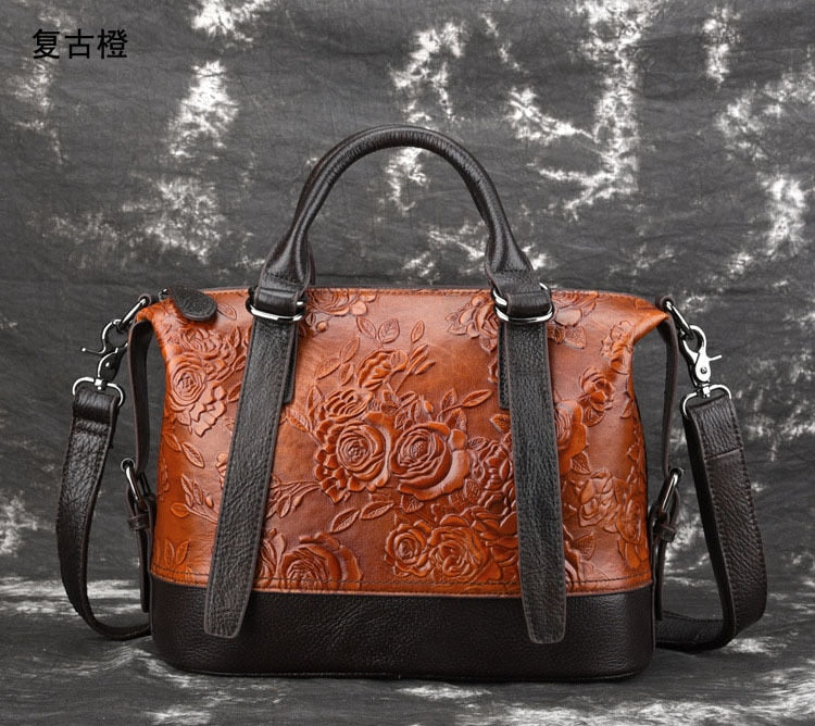 Vintage Genuine Leather Floral Handbang