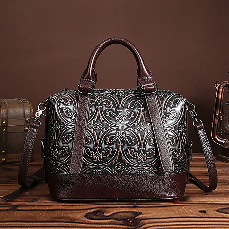 Vintage Genuine Leather Floral Handbang