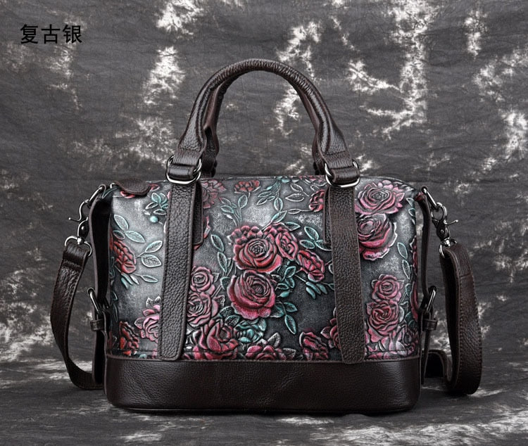 Vintage Genuine Leather Floral Handbang