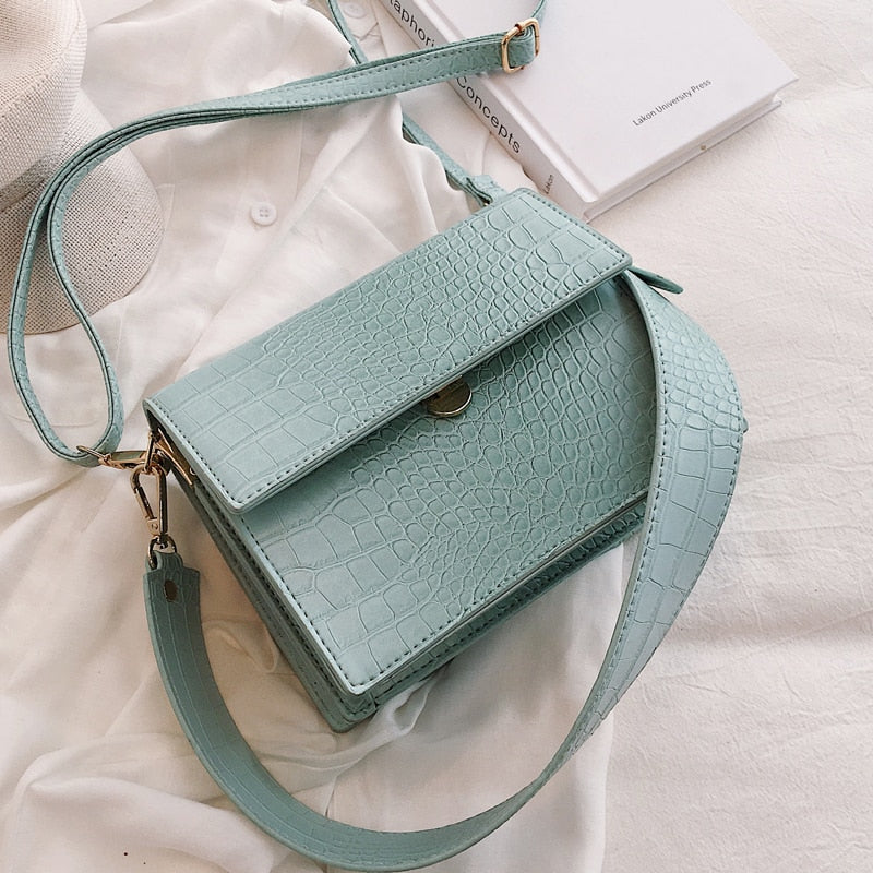 Crocodile Leather Patterned Flip Square Bag for Women