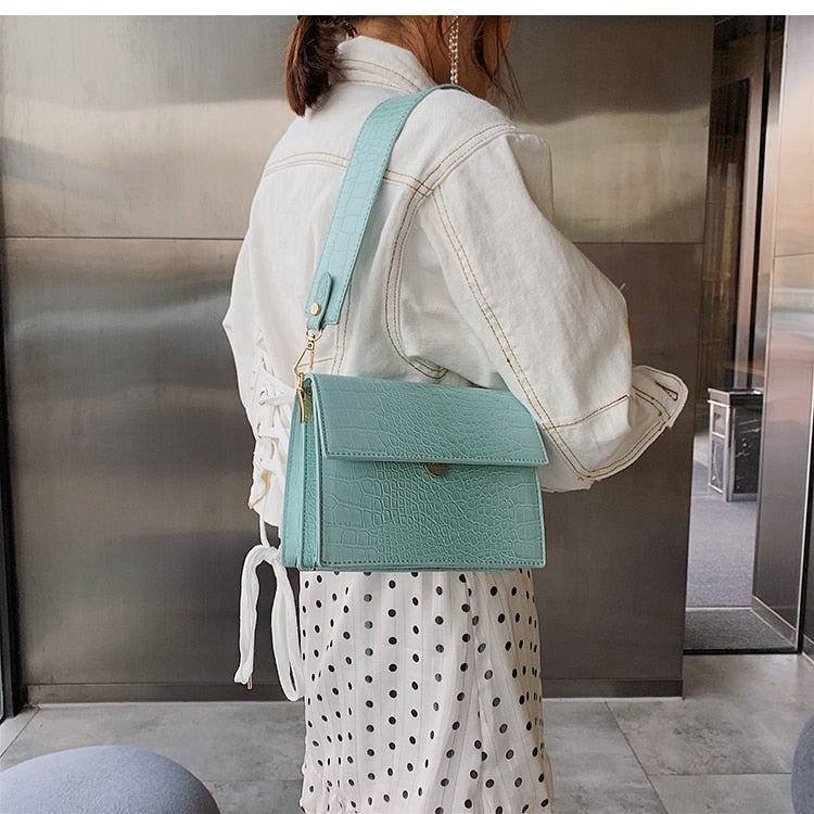 Crocodile Leather Patterned Flip Square Bag for Women