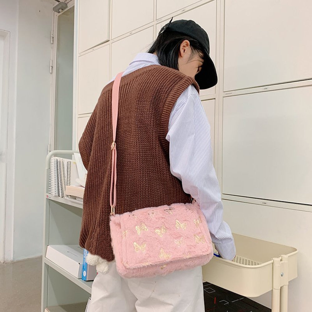 Plush Handbag with Butterfly Print