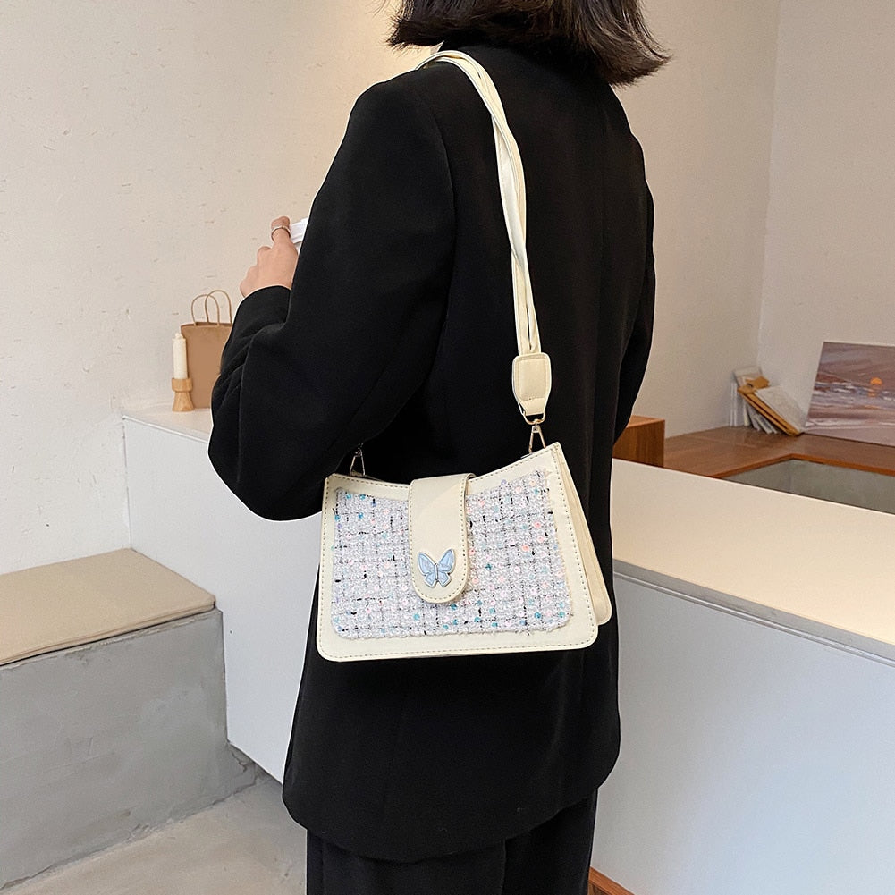 Retro Woolen Butterfly Sequined Crossbody Bag for Women