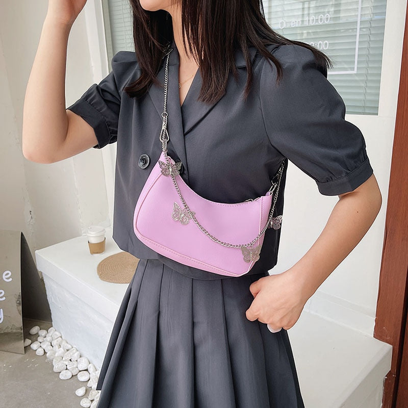 Pure Color Mini Shoulder Bag with Butterfly Chain