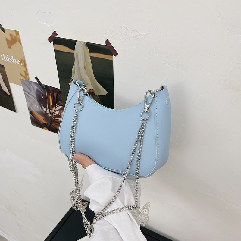 Pure Color Mini Shoulder Bag with Butterfly Chain