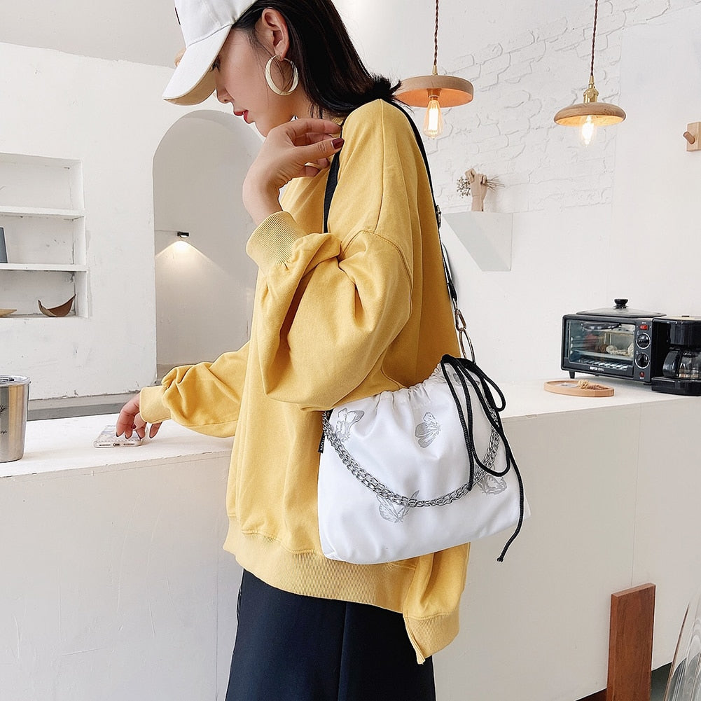 Luminous Butterfly Printed Drawstring Messenger Bag for Women
