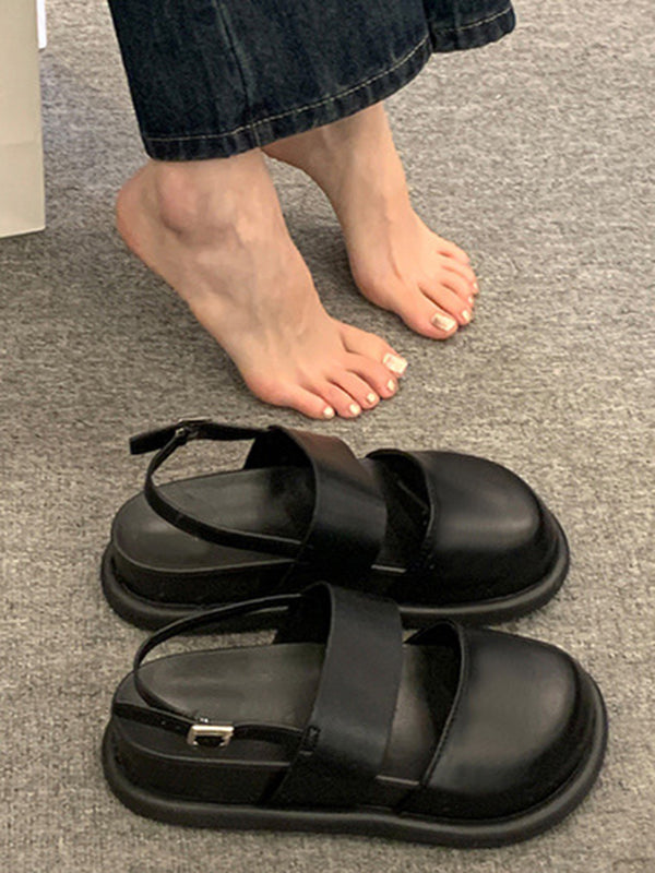 Belt Buckle Hollow Round-Toe Split-Joint Wedges & Flatform Sandals