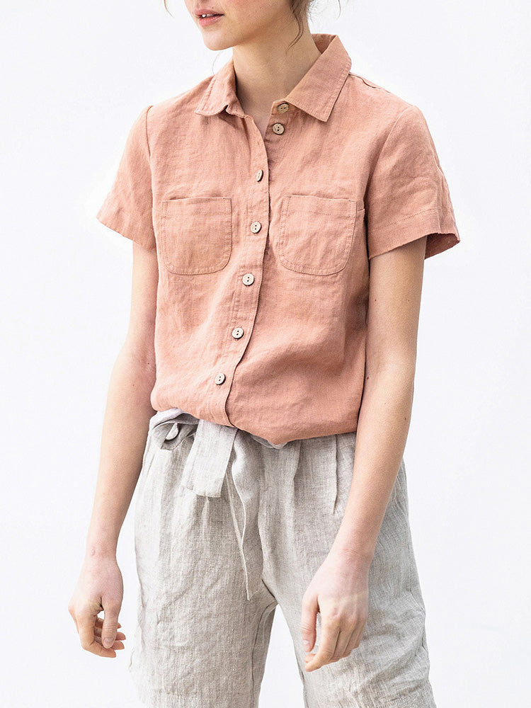 Linen Short-sleeve Double-pocket Shirt