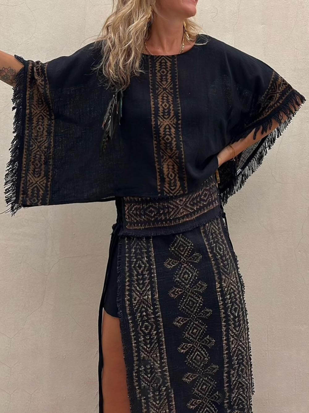 Ethnic Print Tassel Trim Wide Sleeve Loose Sets