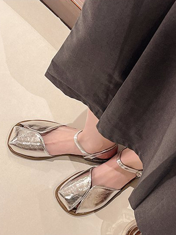Belt Buckle Hollow Split-Joint Square-Toe Sandals Flat Shoes