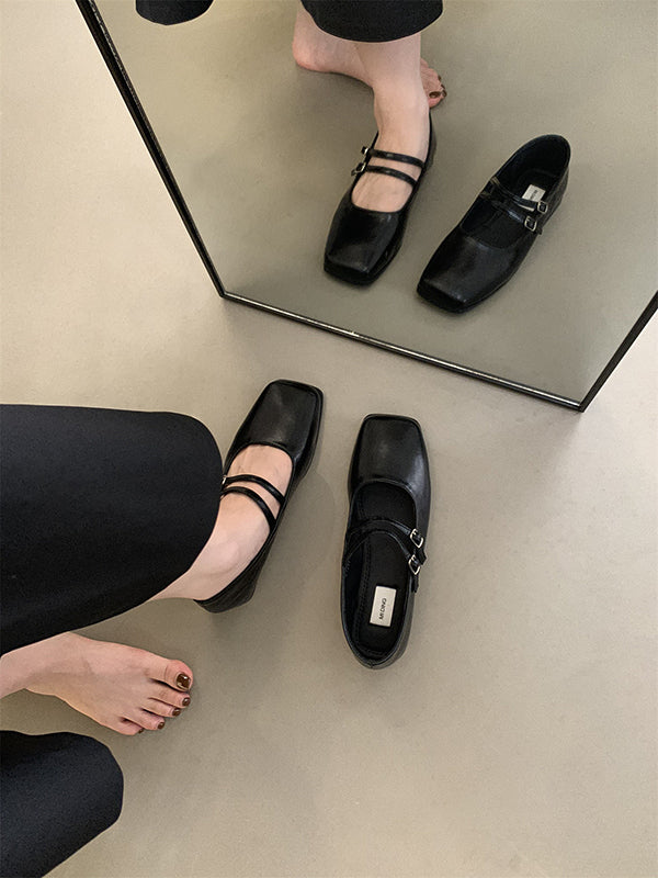Belt Buckle Shallow Cut Split-Joint Square-Toe Mary Janes Flats