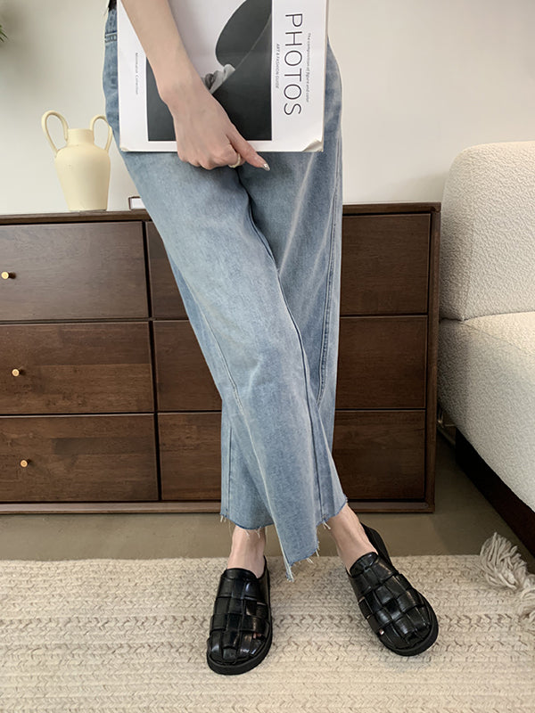 Hollow Round-Toe Split-Joint Woven Slippers&Mules Sandals