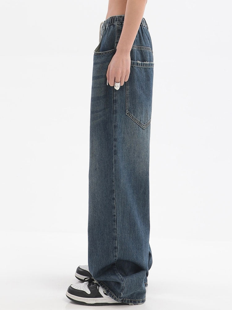 Vintage Baggy Jeans Elastic Waist Oversized Long Trouser Denim Wide Leg Streetwear