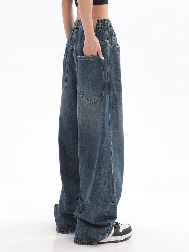 Vintage Baggy Jeans Elastic Waist Oversized Long Trouser Denim Wide Leg Streetwear
