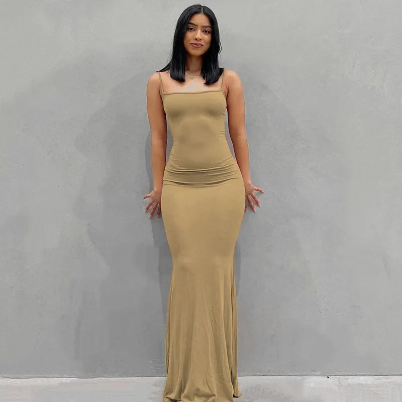 Summer Spaghetti Strap Black Skims Sleeveless Maxi Dress