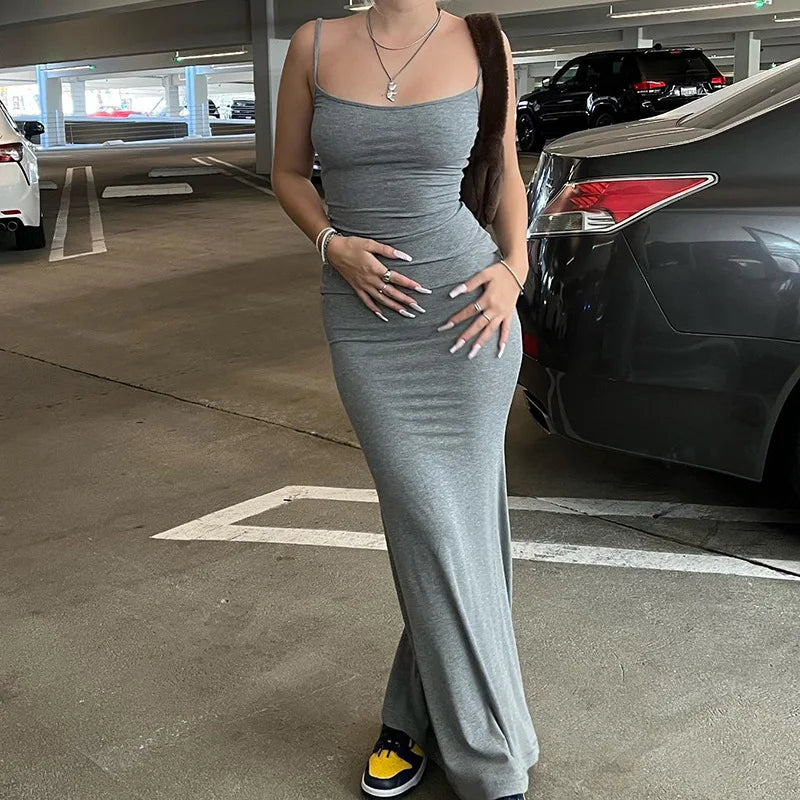 Y2k Sleeveless Solid Skinny Bodycon Trumpet Maxi Dress