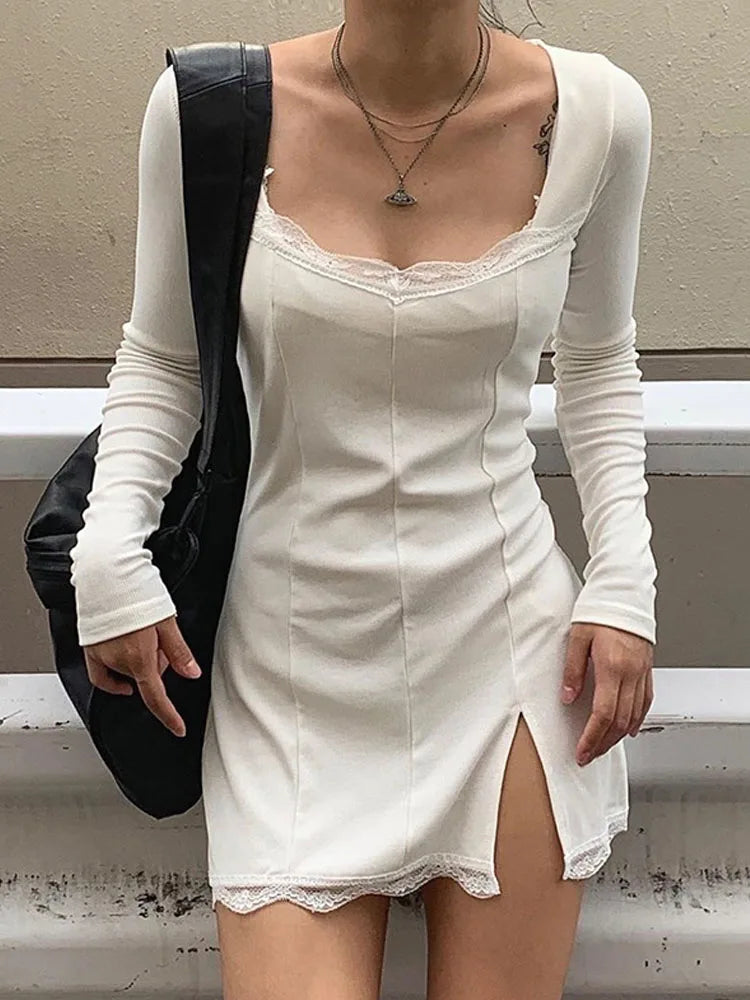 Autumn Spring Lace Patchwork Split Mini Low Midi Dresses