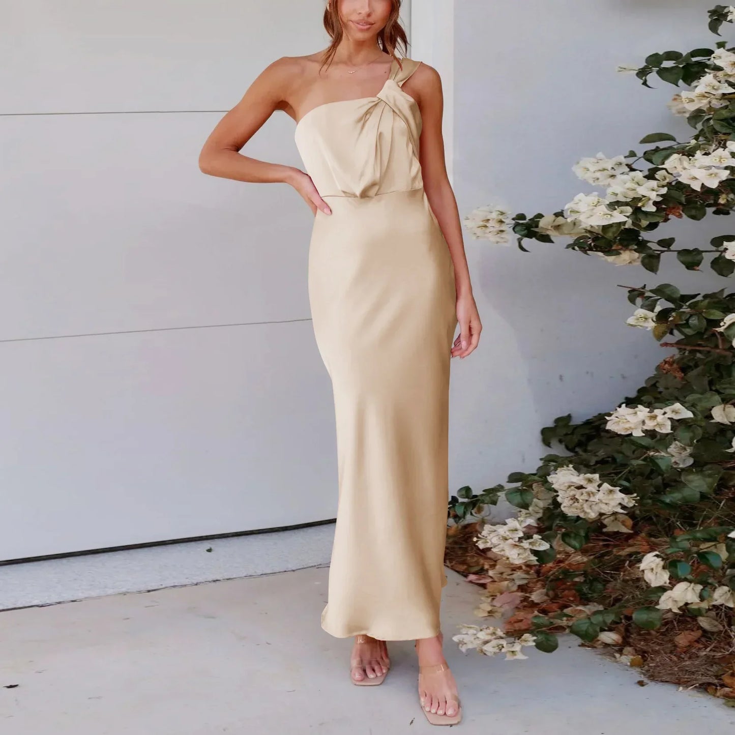 Elegant One-Shoulder Satin French Slim Ladies Midi Dresses