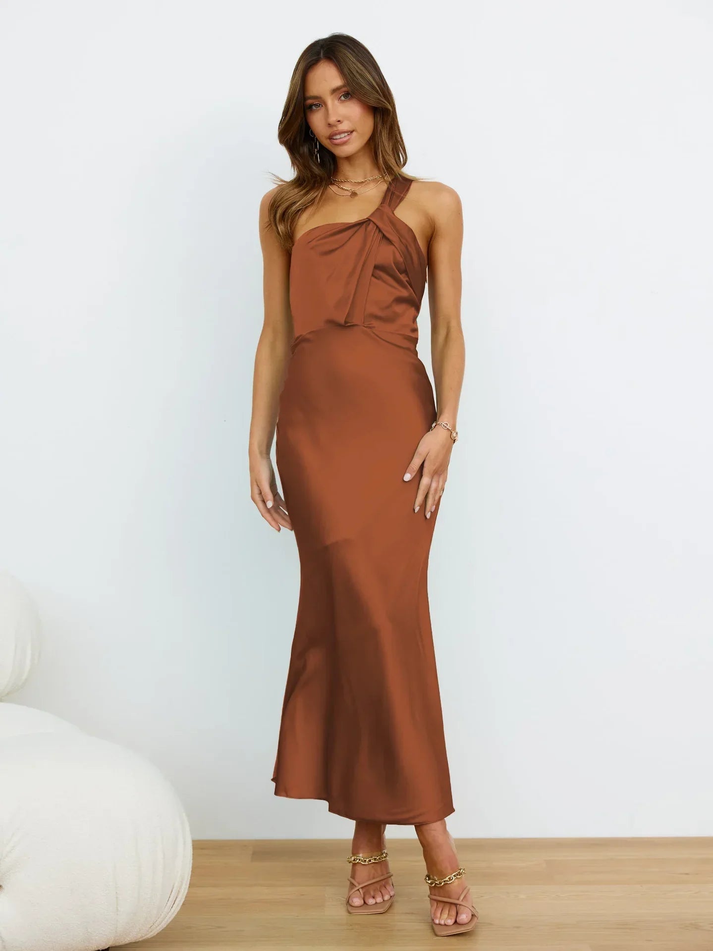 Elegant One-Shoulder Satin French Slim Ladies Midi Dresses
