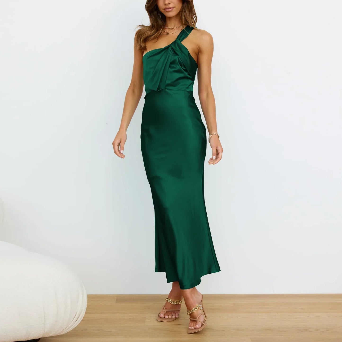 Elegant One-Shoulder Satin French Slim Ladies Midi Dresses