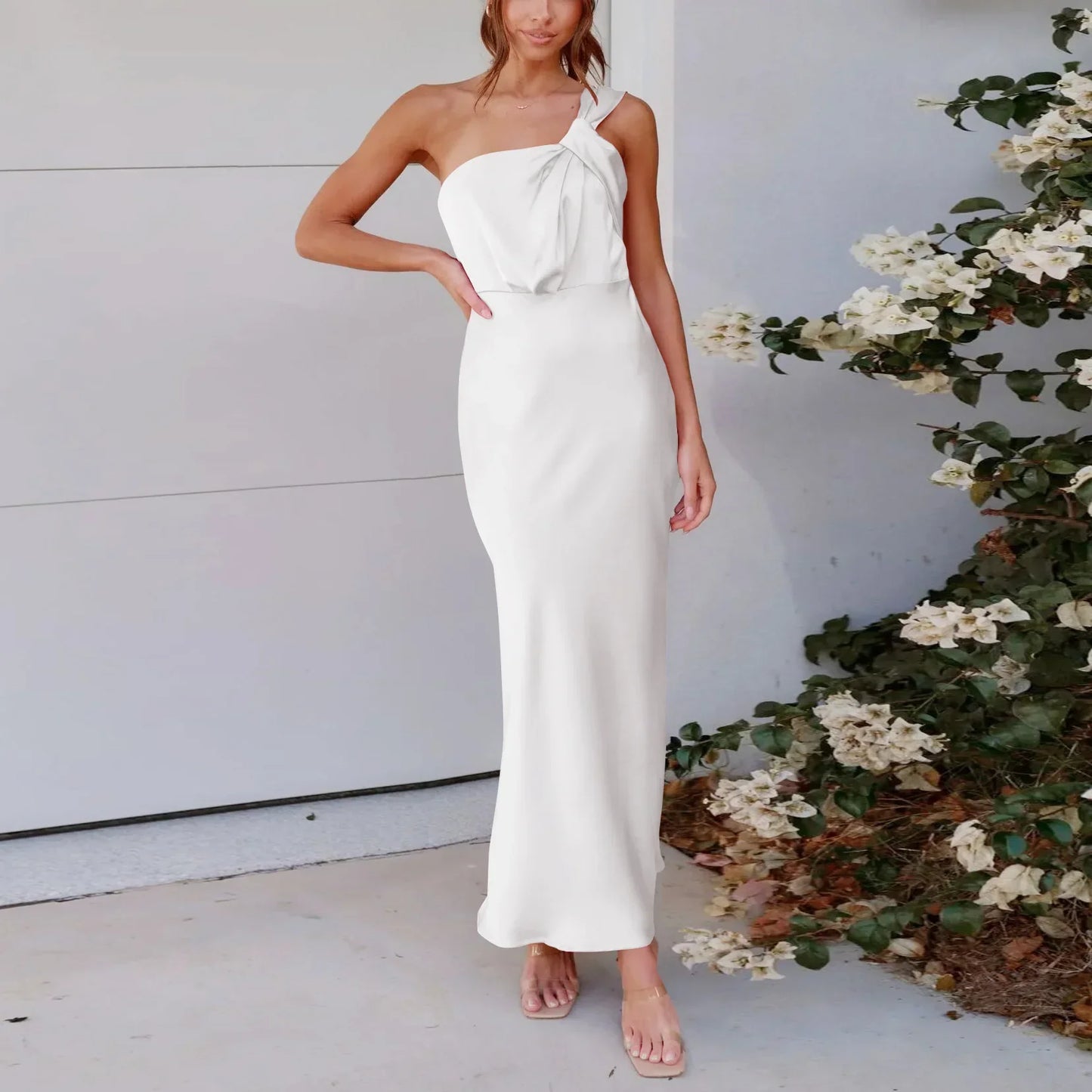 Elegant One-Shoulder Satin French Slim Ladies Midi Dresses