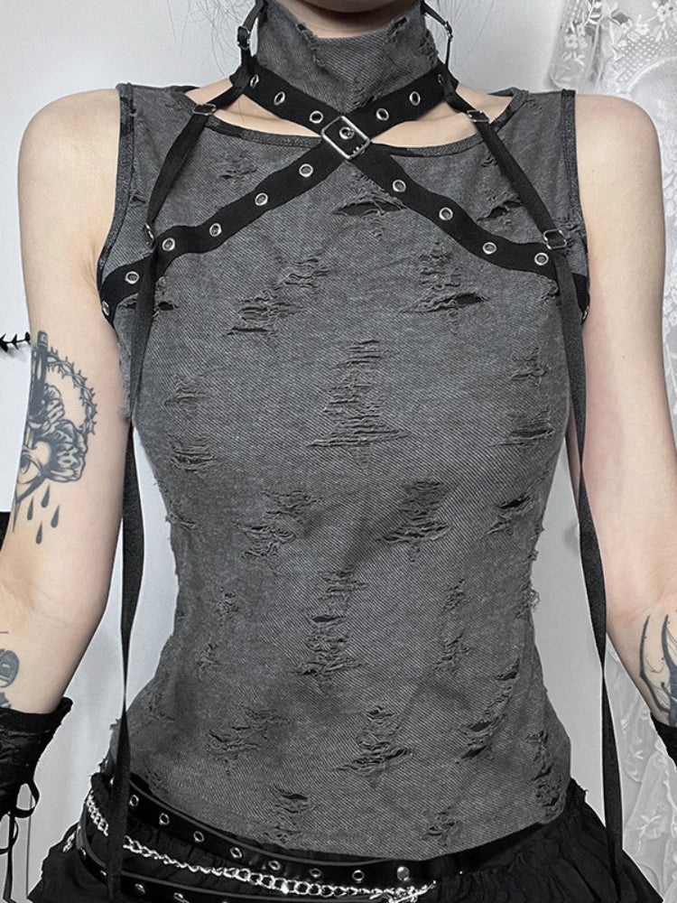 Vintage Gothic Print Retro Punk Sleeveless Five Pointed Star Crop Top