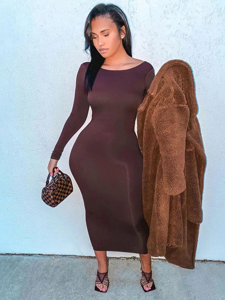 Backless Elegant Evening Club Birthday Brown Sleeve Midi Dresses
