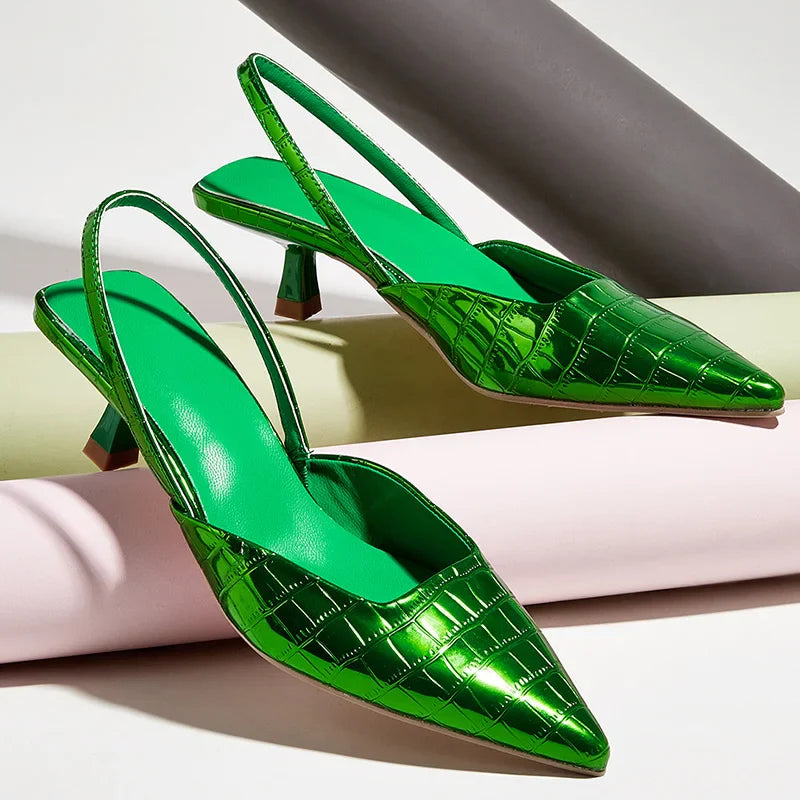 Summer New Fashion Back Strap Stone Pattern Purple Pointed Toe Slingback Shoes Brand Wedding High Mules Low Heel Pumps