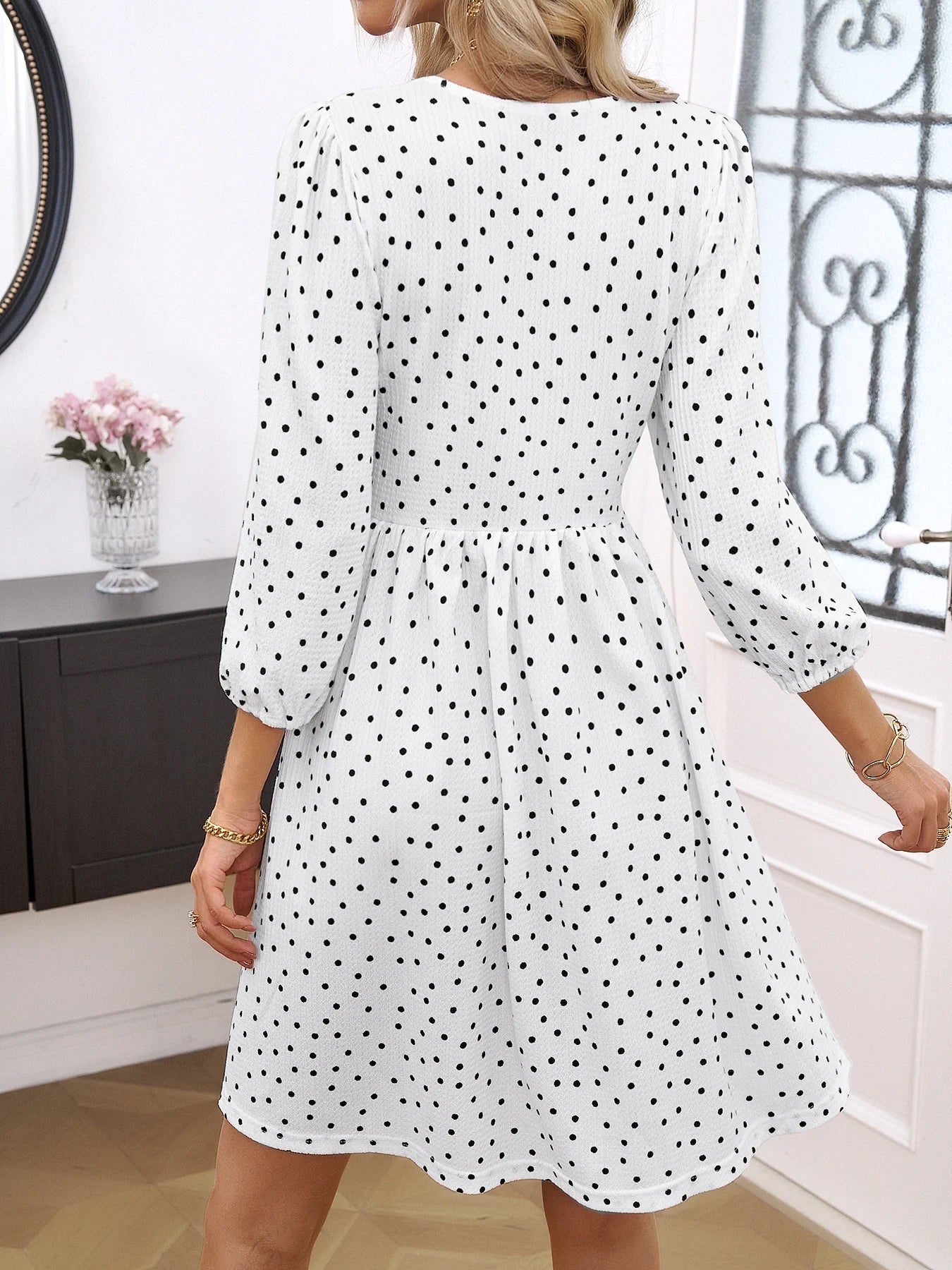 Summer Beach Chiffon Casual Long Sleeve Polka Dot Midi Dresses
