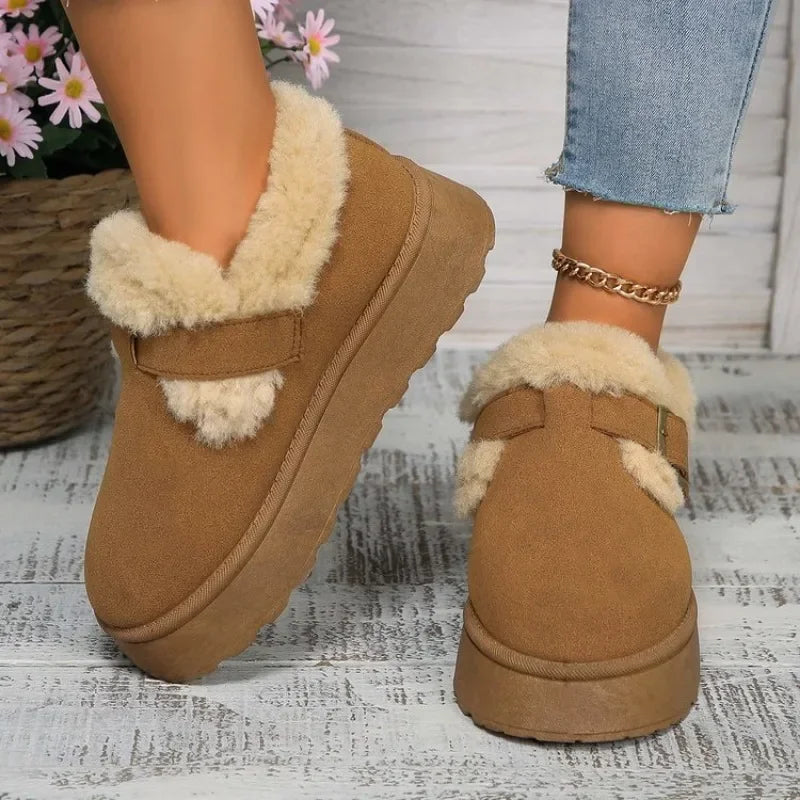2024Fashion Plush Flat Shoes Suede Round Toe Solid Color Snow Boots Warm Flat Non-slip Ankle Boots Botas Mujer