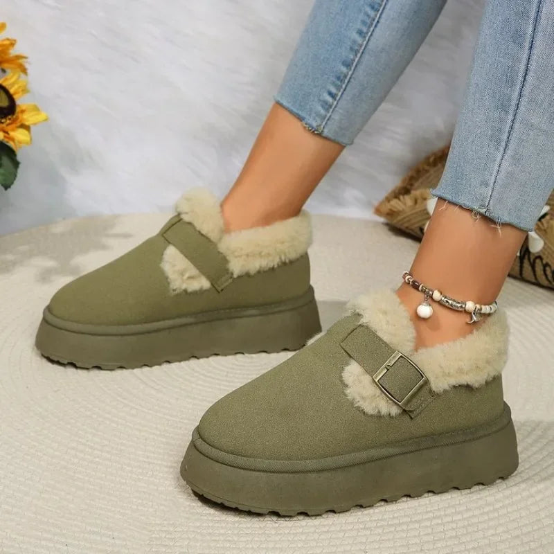 2024Fashion Plush Flat Shoes Suede Round Toe Solid Color Snow Boots Warm Flat Non-slip Ankle Boots Botas Mujer