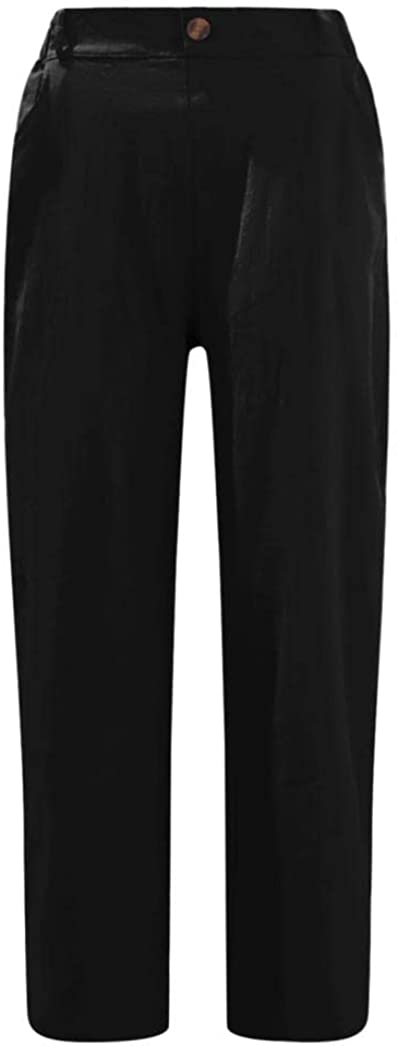 Linen Buttons Cropped Pants High Elastic Waist Stretch Capris Casual Work Crop Pants