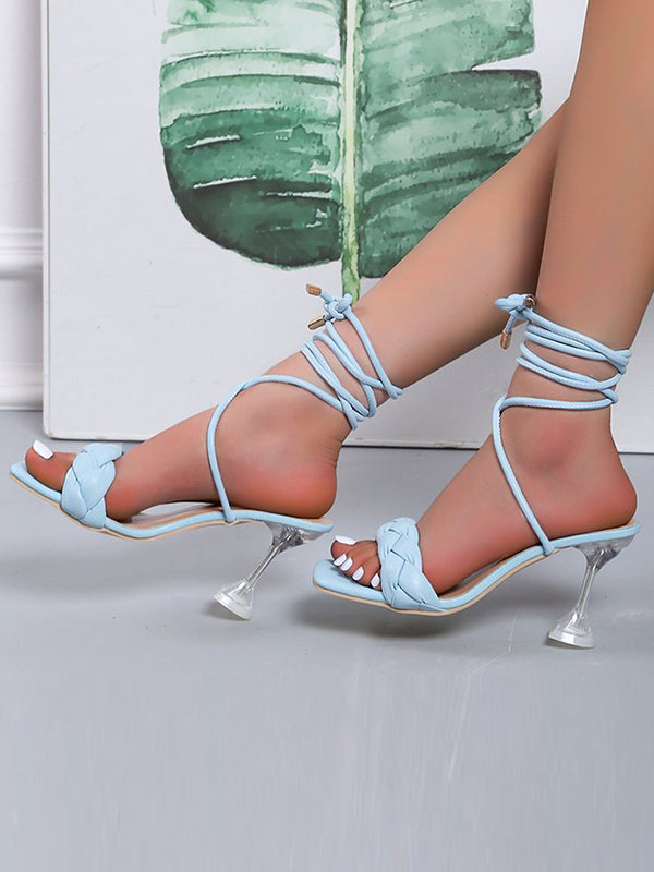 Lace-Up Open Toe Split-Joint Square-Toe Pumps Sandals