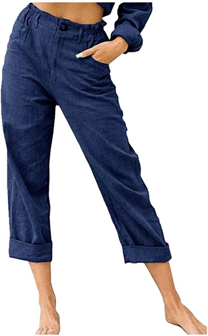 Linen Buttons Cropped Pants High Elastic Waist Stretch Capris Casual Work Crop Pants