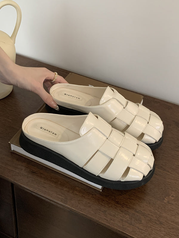 Hollow Round-Toe Split-Joint Woven Slippers&Mules Sandals