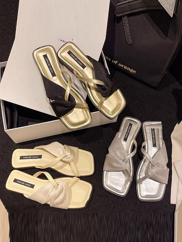 Pleated Split-Joint Square-Toe Slippers Sandals