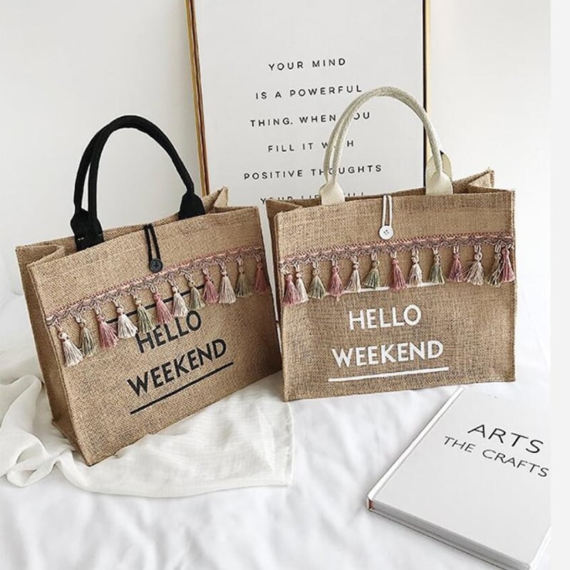 Linen Hello Weekend Tassel Tote Bag