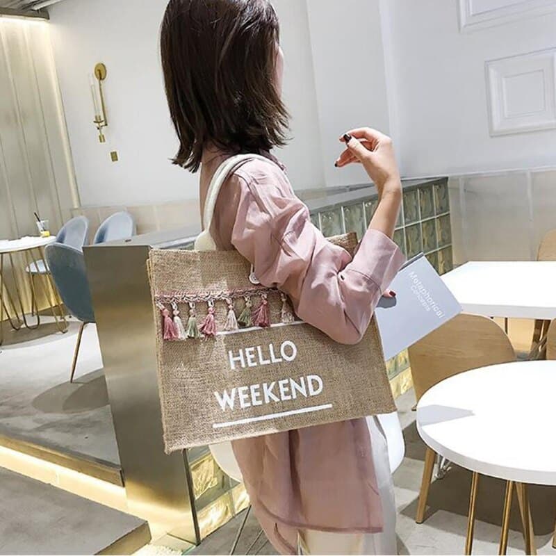 Linen Hello Weekend Tassel Tote Bag