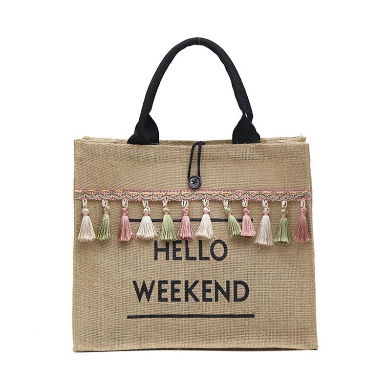 Linen Hello Weekend Tassel Tote Bag