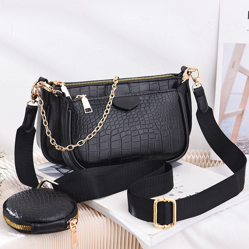 Crocodile Skin Embellished Shoulder Bag with Wallet