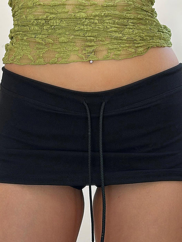 Solid Color Y2k Drawstring Slit Mini Skirts