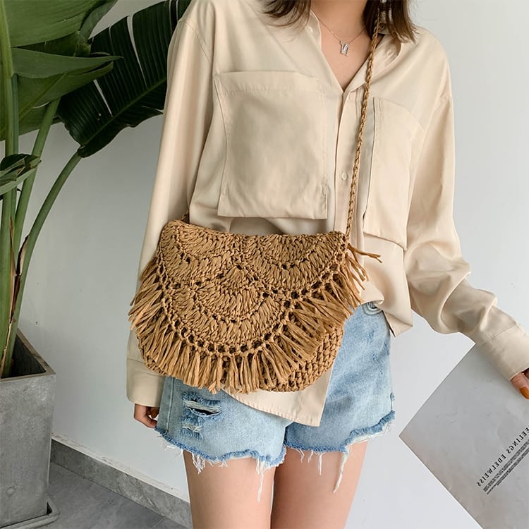 Handmade Straw Beach Bag with Tassels