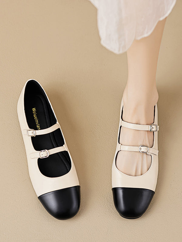 Belt Buckle Round-Toe Split-Joint Mary Janes Flat Shoes